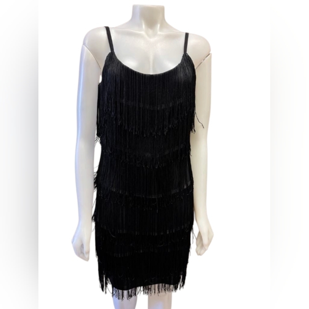 Le Chateau NWT Dress Fringe/Tassel Black Spaghetti Strap Size Medium